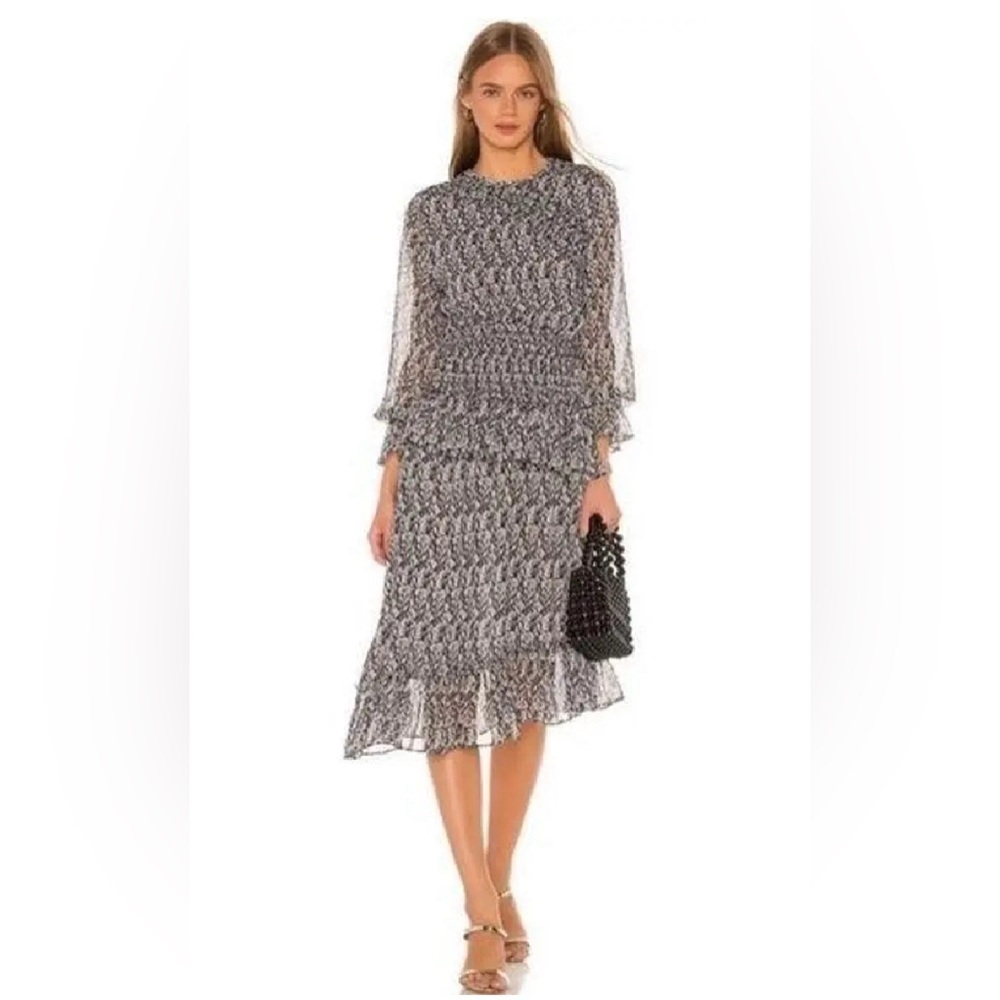 MISA Los Angeles Sophia Asymmetrical Ruffle Smocked Midi Dress, Size XS